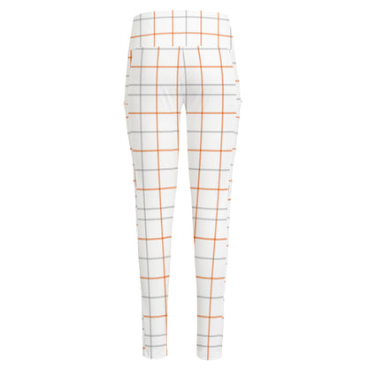 White Halloween Tattersall Pattern Print High-Waisted Pocket Leggings