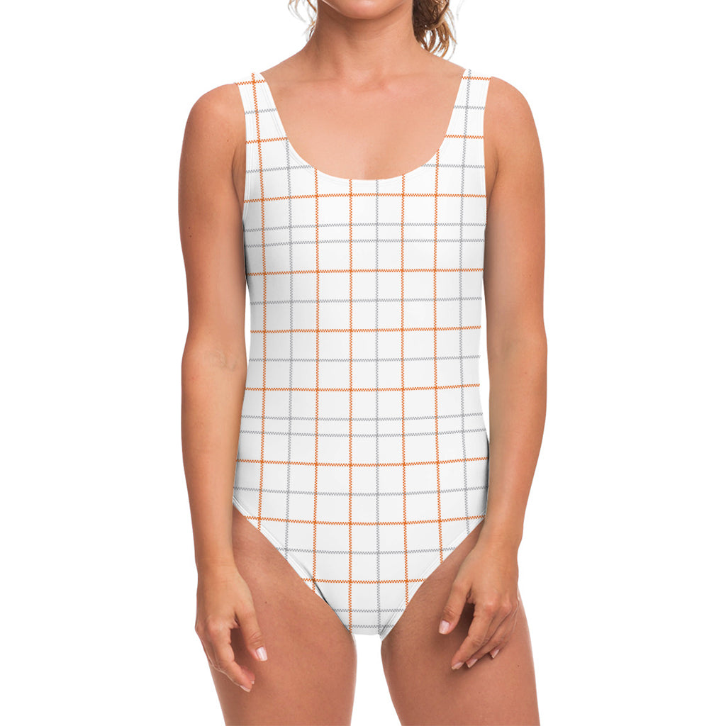 White Halloween Tattersall Pattern Print One Piece Swimsuit