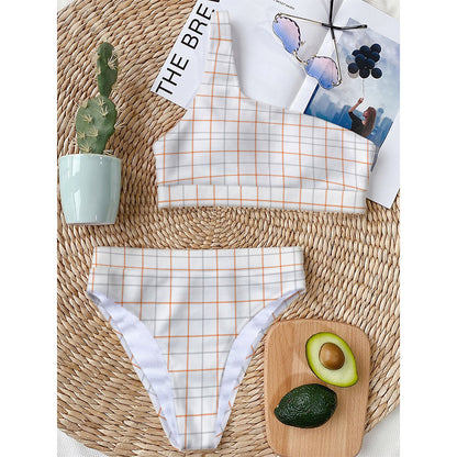 White Halloween Tattersall Pattern Print One Shoulder Bikini Top
