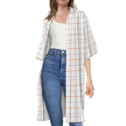 White Halloween Tattersall Pattern Print Open Front Beach Cover Up