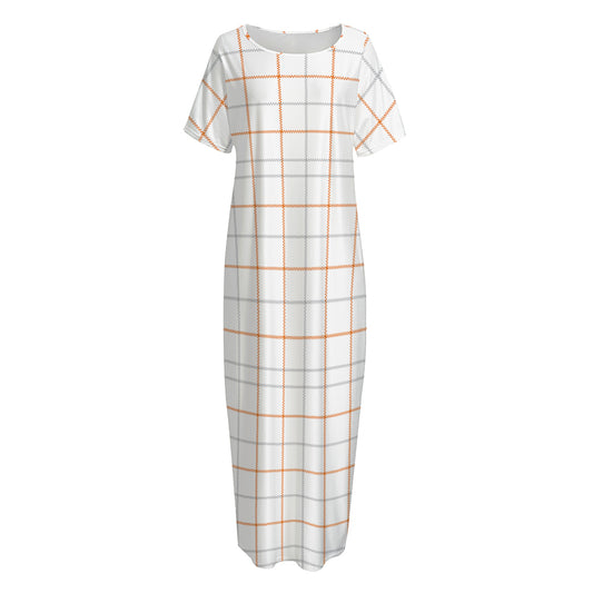 White Halloween Tattersall Pattern Print Short Sleeve Long Nightdress