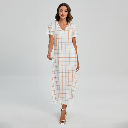 White Halloween Tattersall Pattern Print Short Sleeve Maxi Dress