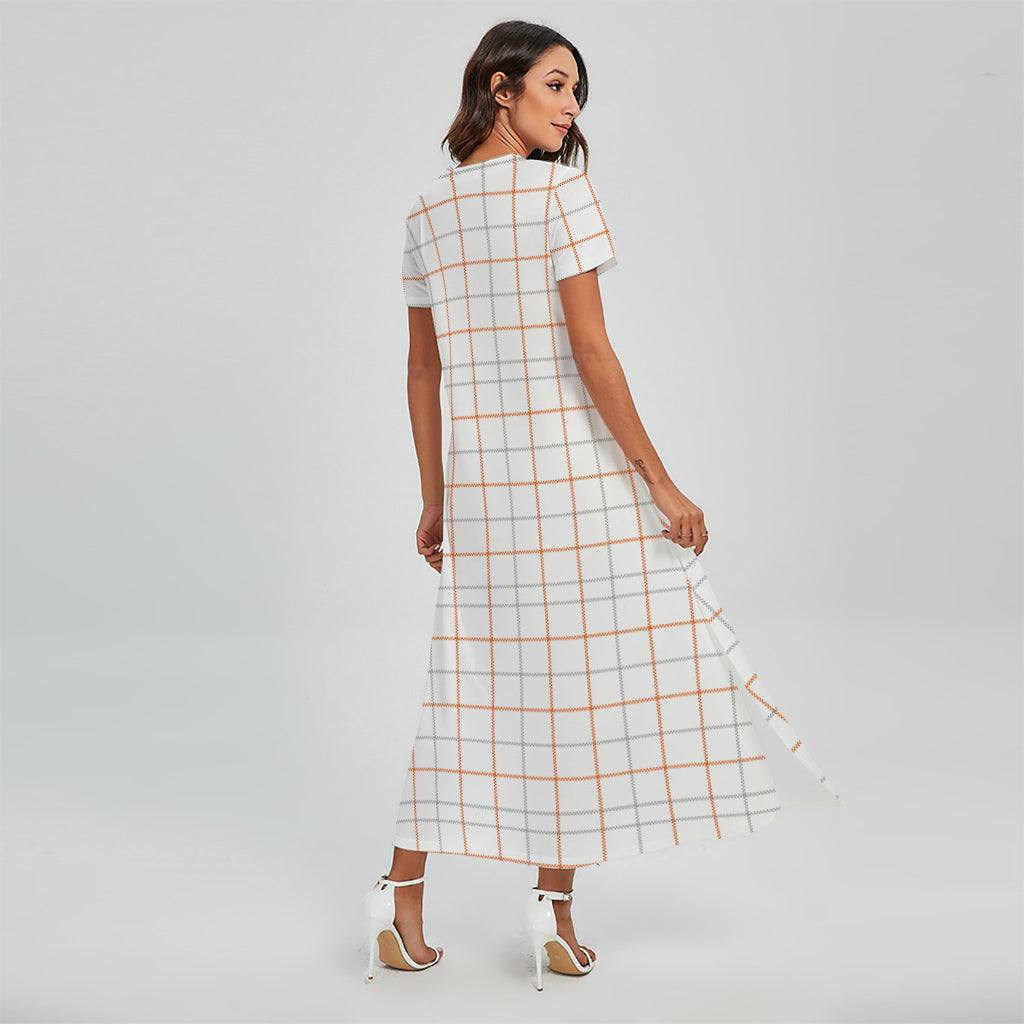 White Halloween Tattersall Pattern Print Short Sleeve Maxi Dress