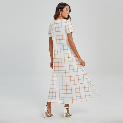 White Halloween Tattersall Pattern Print Short Sleeve Maxi Dress