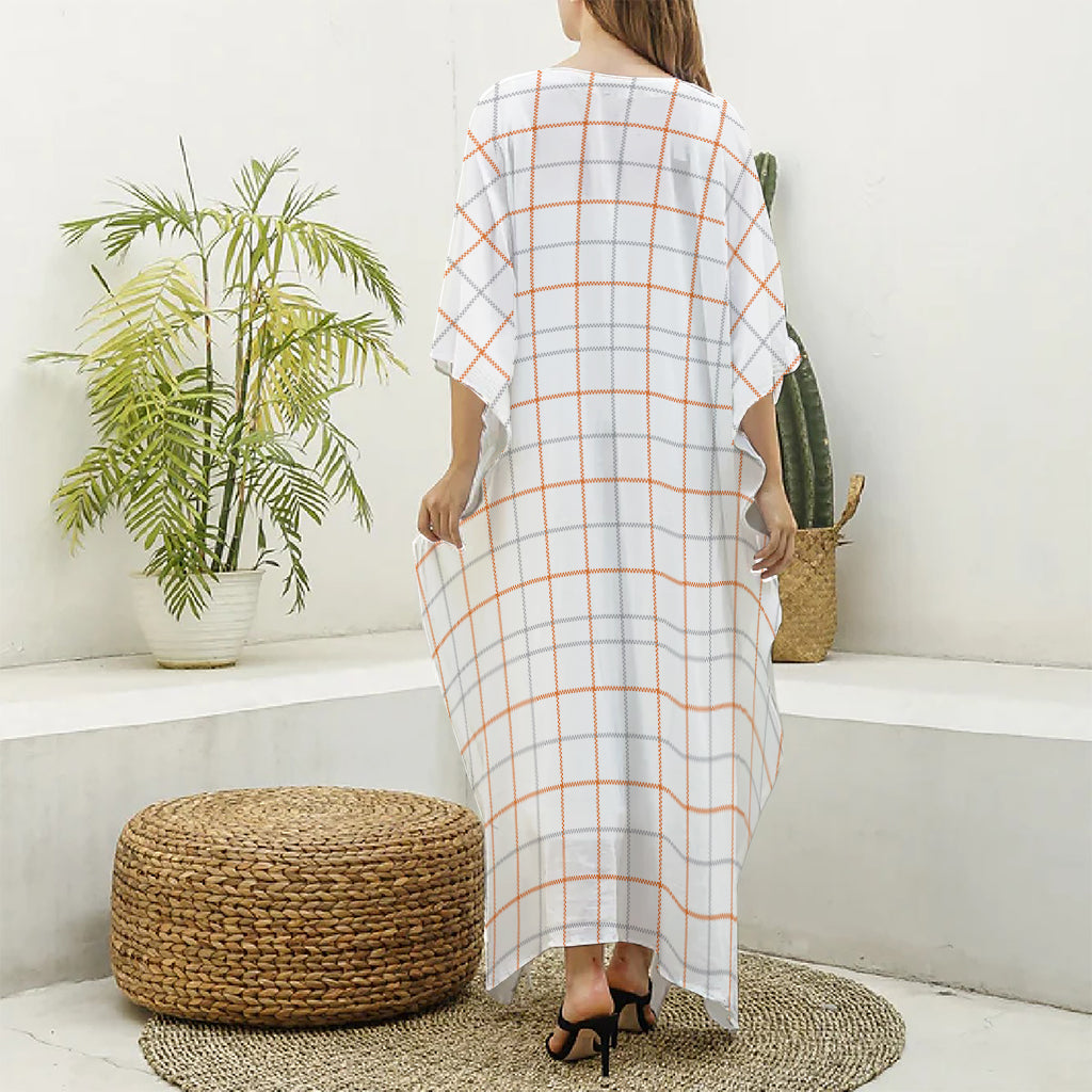 White Halloween Tattersall Pattern Print Silk V-Neck Kaftan Dress