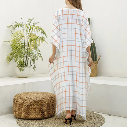 White Halloween Tattersall Pattern Print Silk V-Neck Kaftan Dress