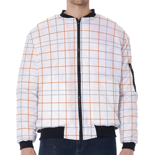 White Halloween Tattersall Pattern Print Zip Sleeve Bomber Jacket