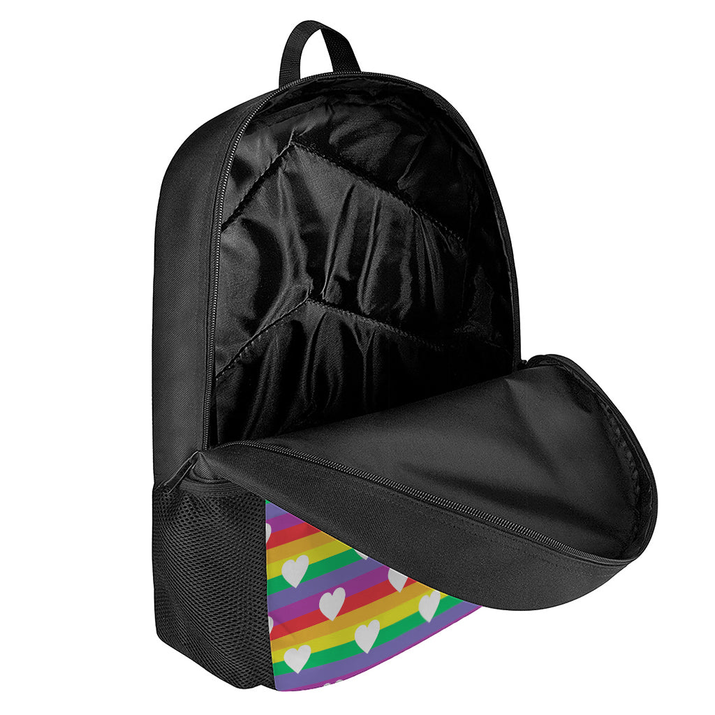 White Heart On LGBT Pride Striped Print 17 Inch Backpack