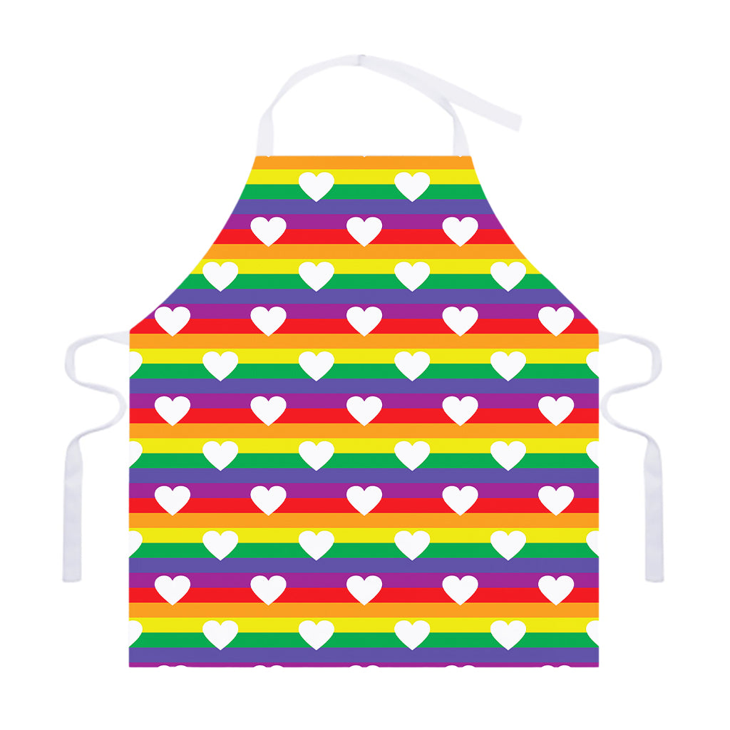 White Heart On LGBT Pride Striped Print Adjustable Apron