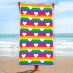 White Heart On LGBT Pride Striped Print Beach Towel