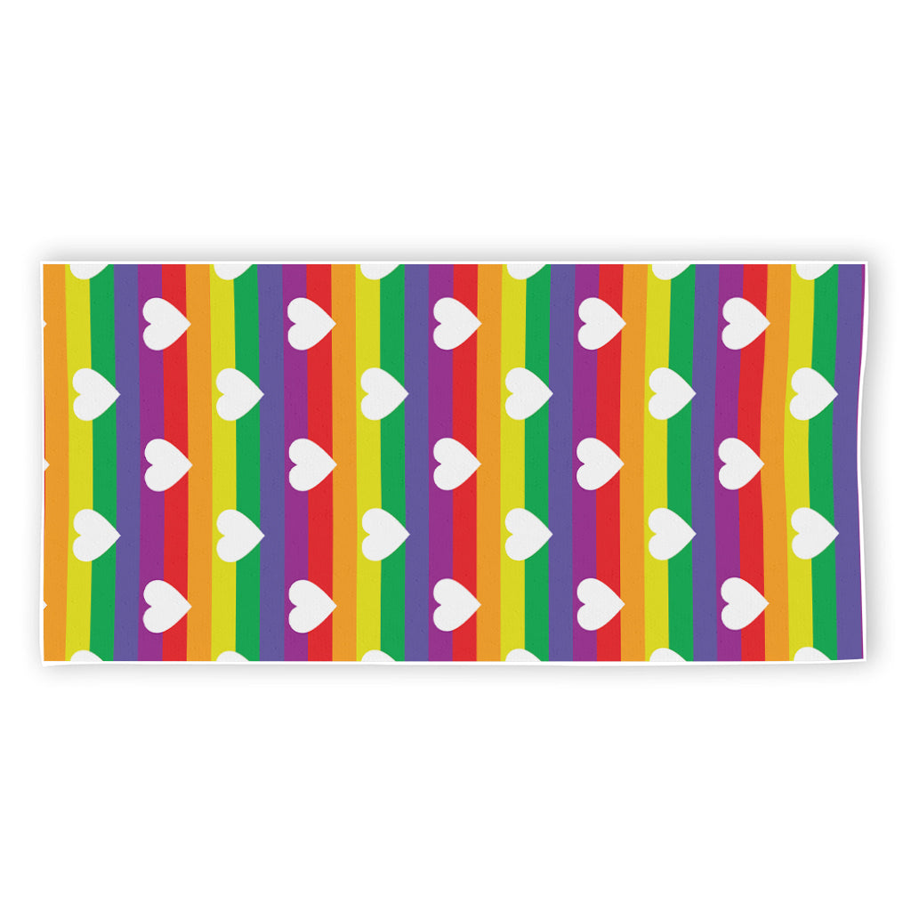 White Heart On LGBT Pride Striped Print Beach Towel