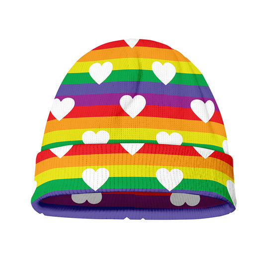 White Heart On LGBT Pride Striped Print Beanie