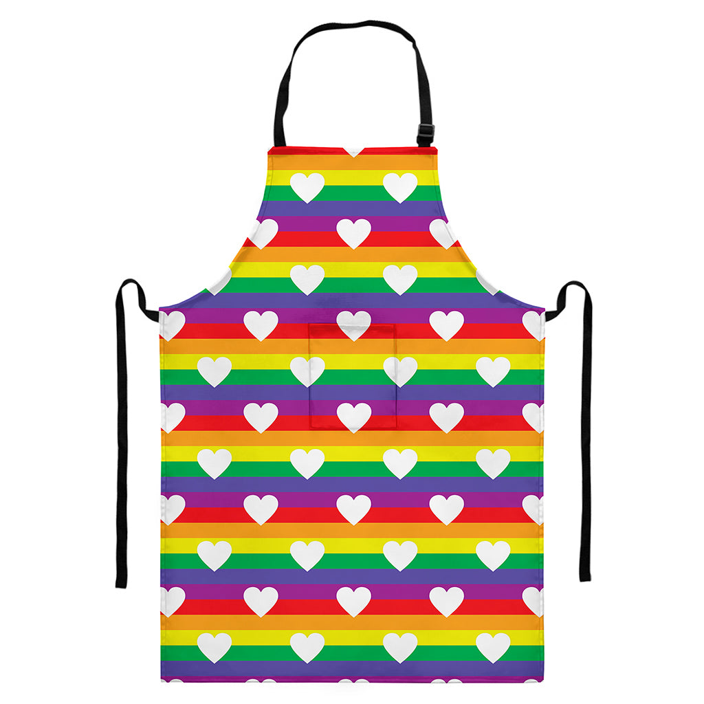 White Heart On LGBT Pride Striped Print Bib Apron With Pocket