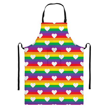 White Heart On LGBT Pride Striped Print Bib Apron With Pocket