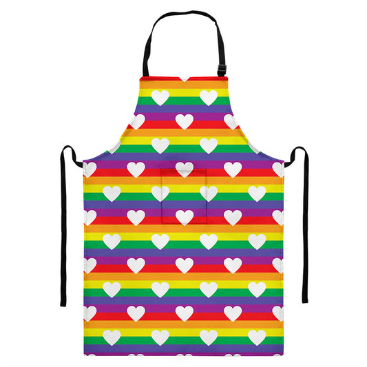White Heart On LGBT Pride Striped Print Bib Apron With Pocket