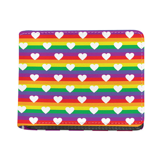 White Heart On LGBT Pride Striped Print Bifold Wallet