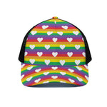 White Heart On LGBT Pride Striped Print Black Mesh Trucker Cap