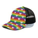 White Heart On LGBT Pride Striped Print Black Mesh Trucker Cap