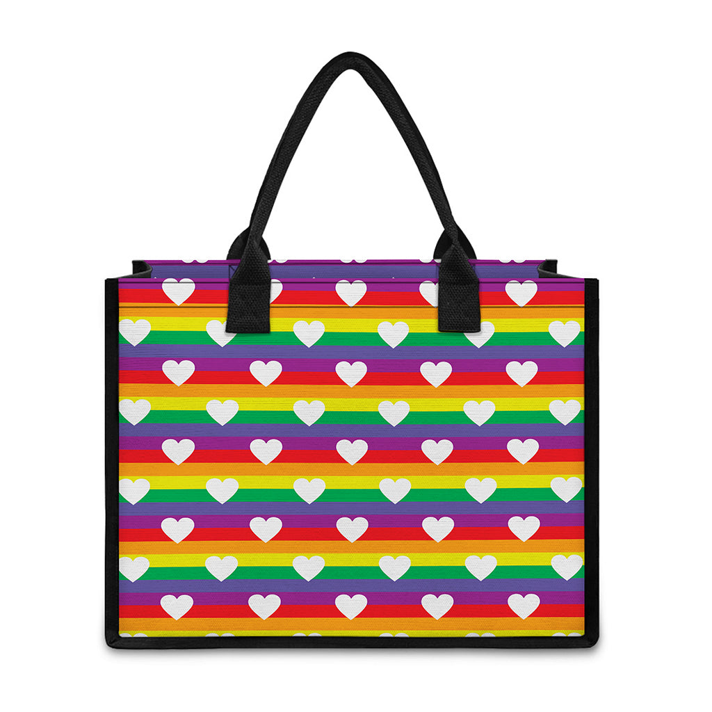 White Heart On LGBT Pride Striped Print Canvas Tote Bag