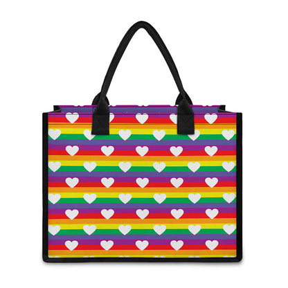 White Heart On LGBT Pride Striped Print Canvas Tote Bag