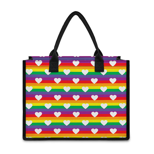 White Heart On LGBT Pride Striped Print Canvas Tote Bag