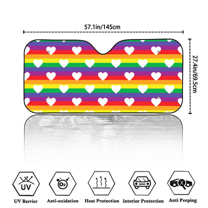 White Heart On LGBT Pride Striped Print Car Windshield Sun Shade