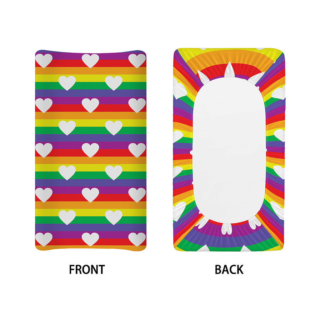 White Heart On LGBT Pride Striped Print Changing Pad Cover