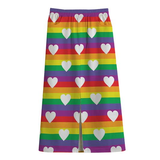 White Heart On LGBT Pride Striped Print Cotton Front Slit Maxi Skirt
