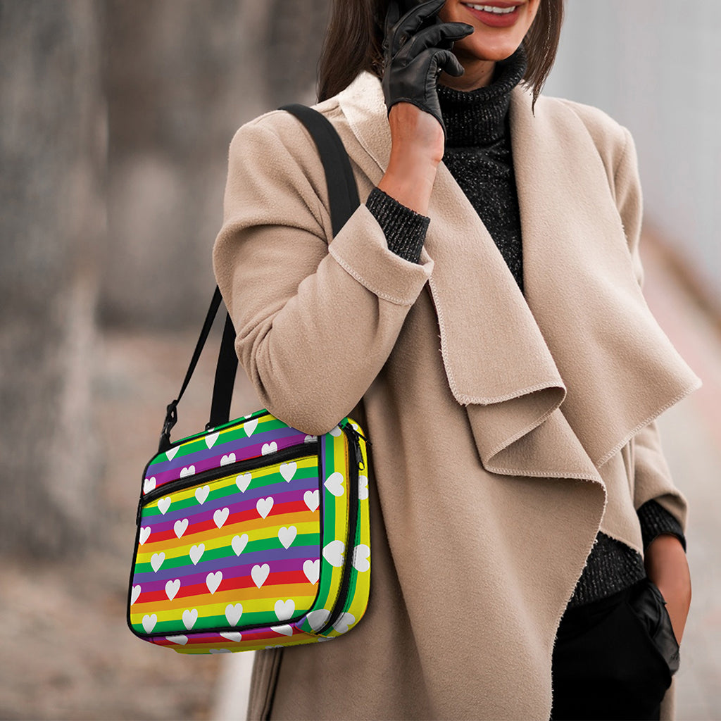 White Heart On LGBT Pride Striped Print Double Strap Bible Bag