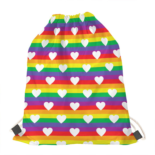 White Heart On LGBT Pride Striped Print Drawstring Bag