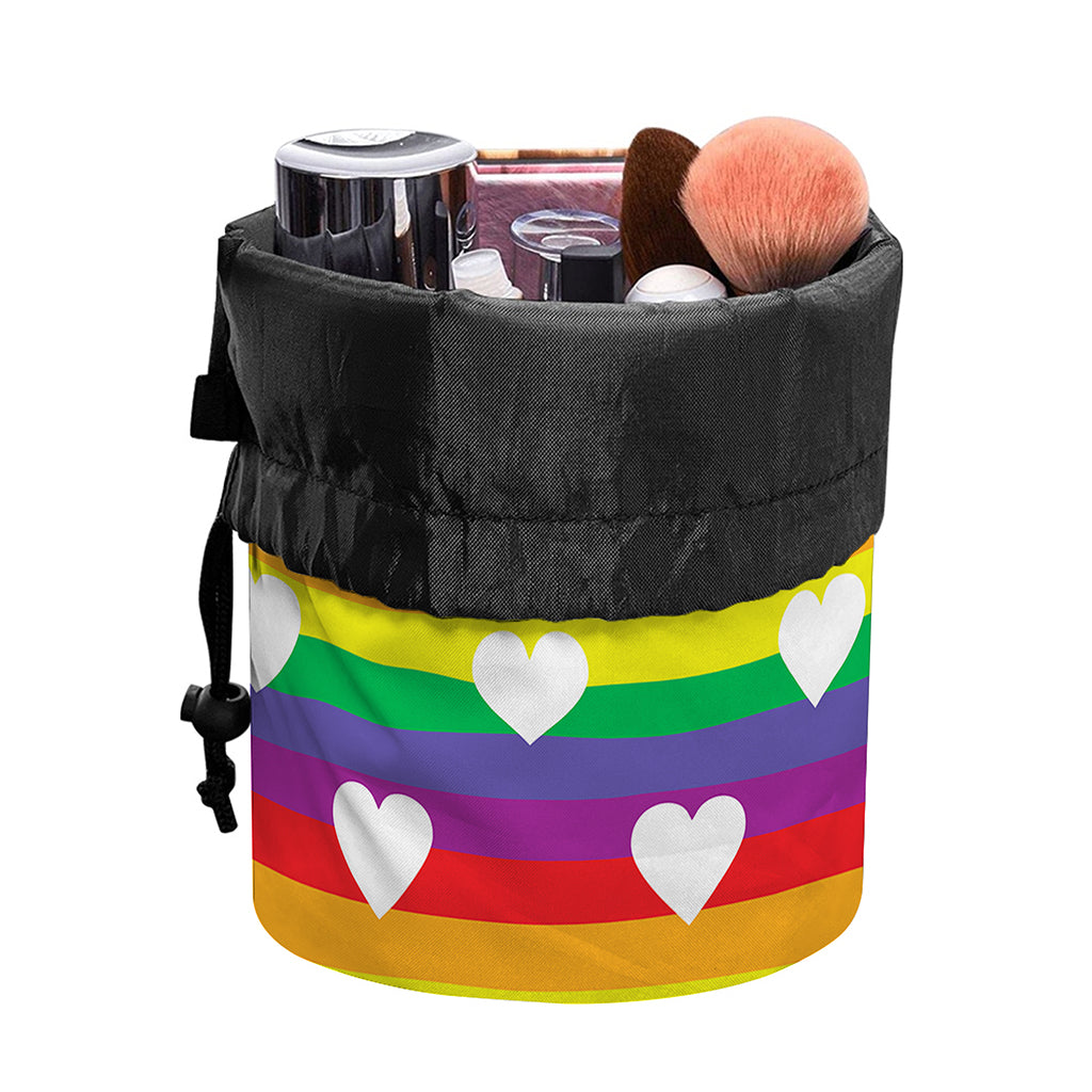 White Heart On LGBT Pride Striped Print Drawstring Makeup Bag
