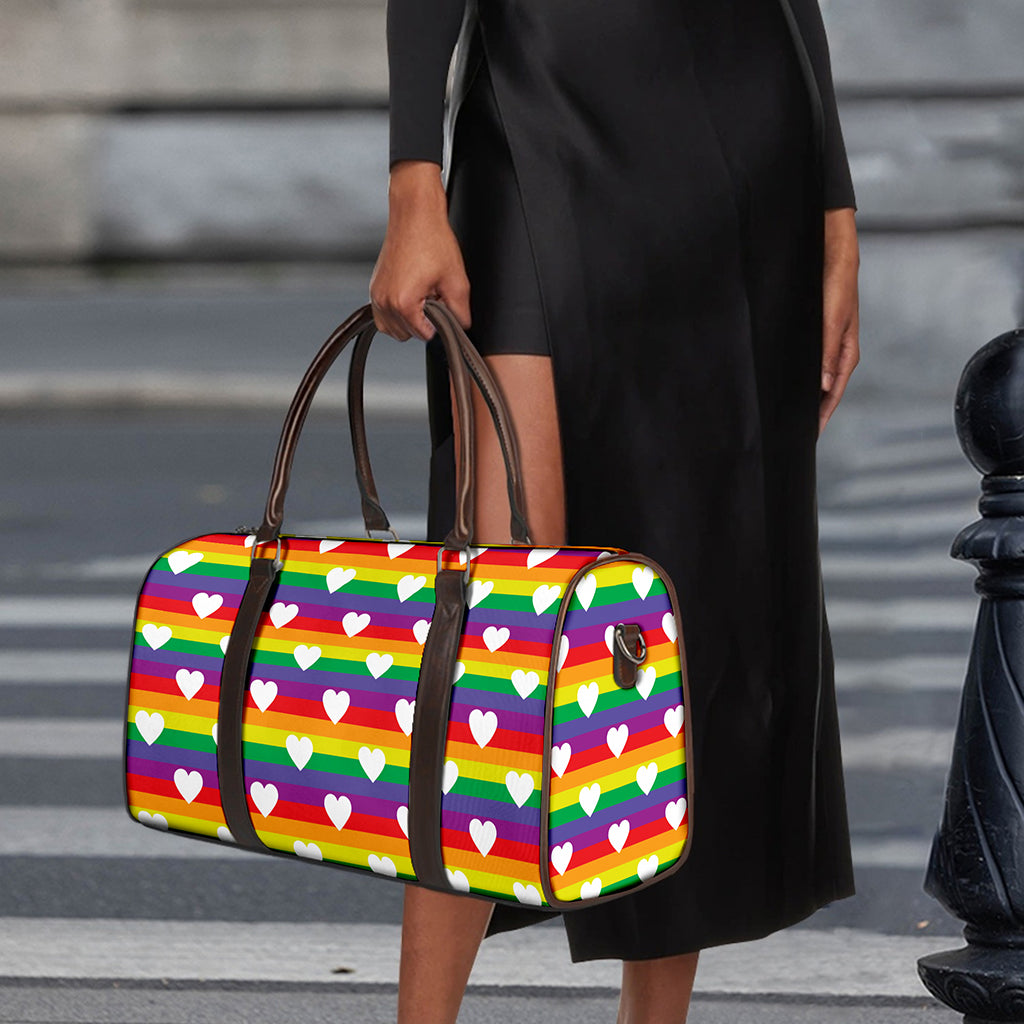 White Heart On LGBT Pride Striped Print Duffle Bag