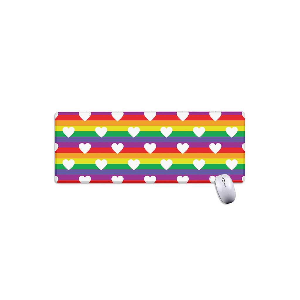 White Heart On LGBT Pride Striped Print Extended Mouse Pad