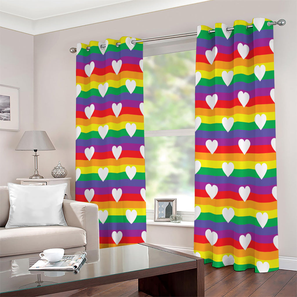 White Heart On LGBT Pride Striped Print Extra Wide Grommet Curtains