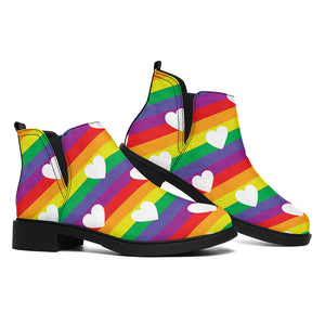 White Heart On LGBT Pride Striped Print Flat Ankle Boots