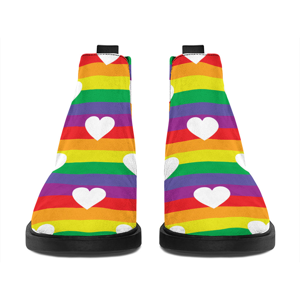 White Heart On LGBT Pride Striped Print Flat Ankle Boots