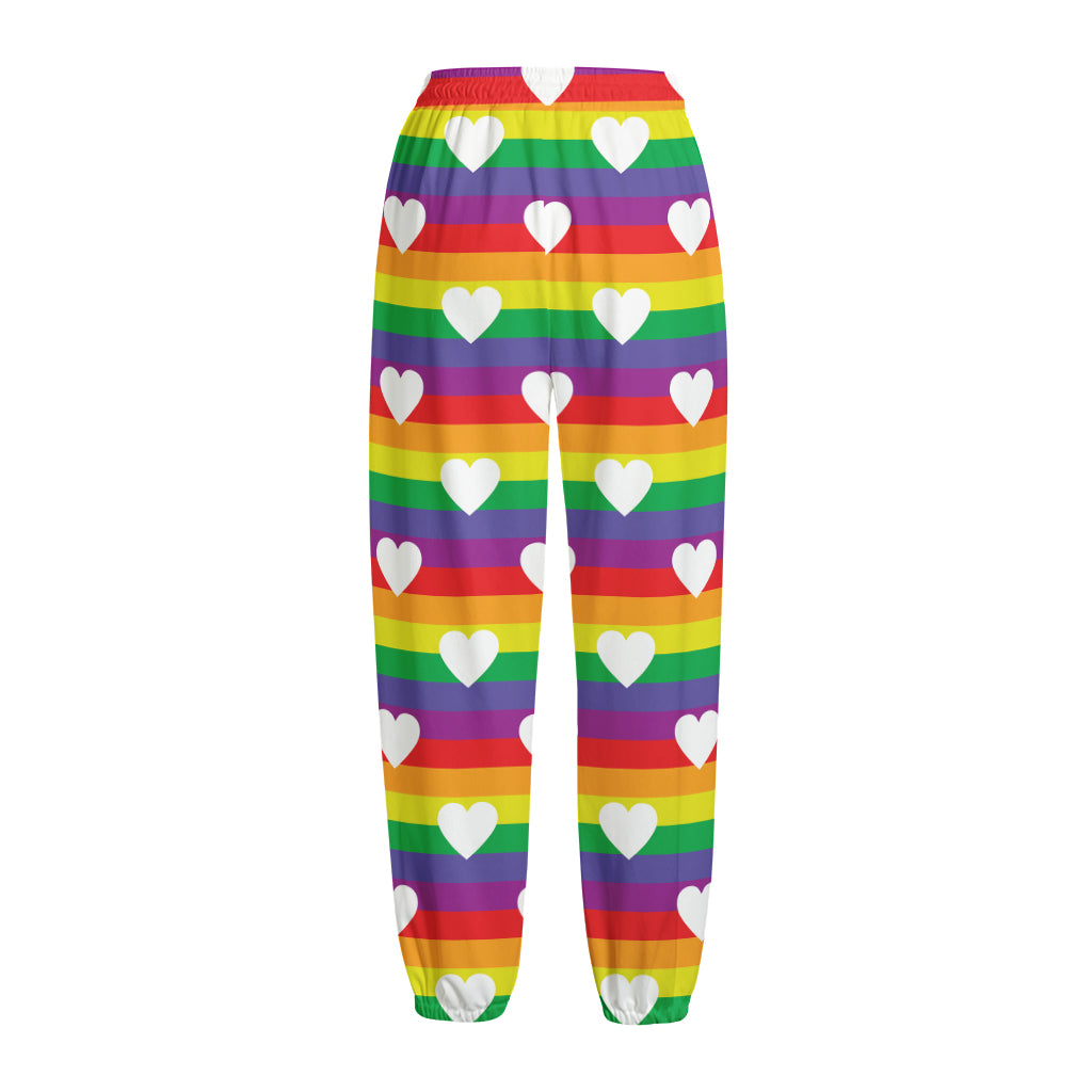 White Heart On LGBT Pride Striped Print Fleece Lined Knit Pants