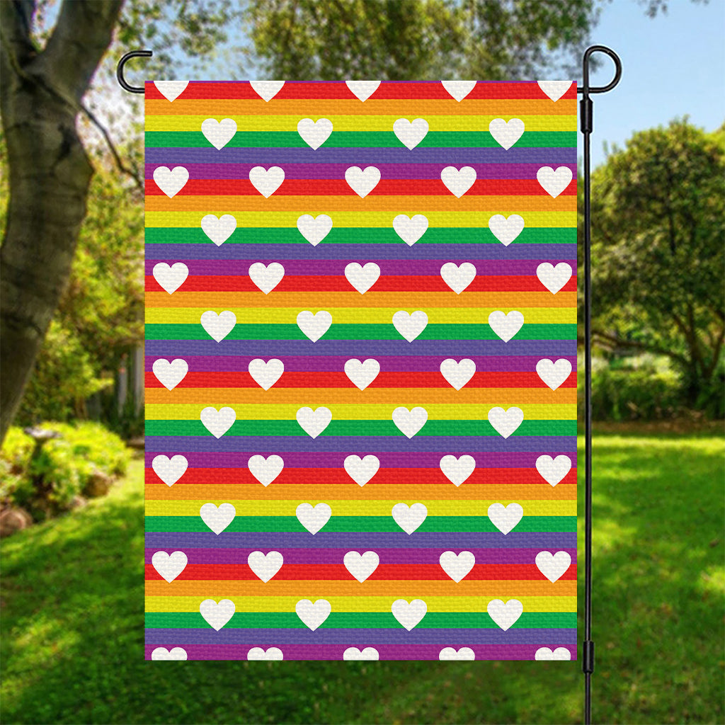 White Heart On LGBT Pride Striped Print Garden Flag