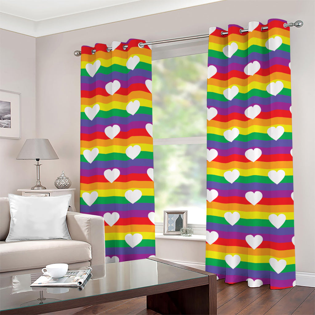 White Heart On LGBT Pride Striped Print Grommet Curtains