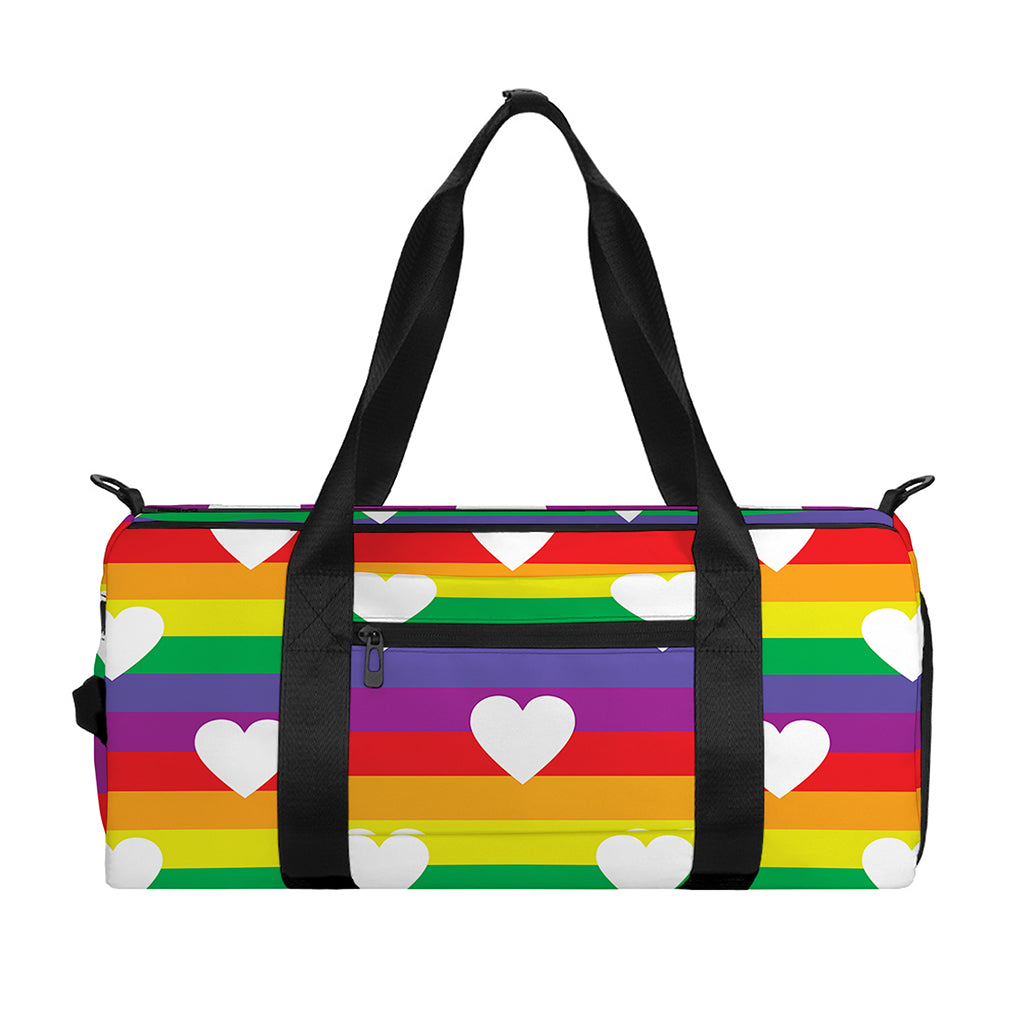 White Heart On LGBT Pride Striped Print Gym Bag