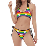 White Heart On LGBT Pride Striped Print Halter Scoop Tie Side Bikini