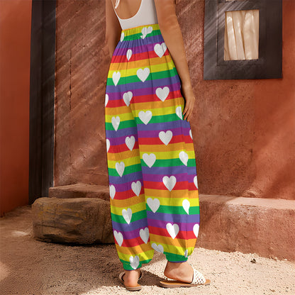 White Heart On LGBT Pride Striped Print Harem Pants