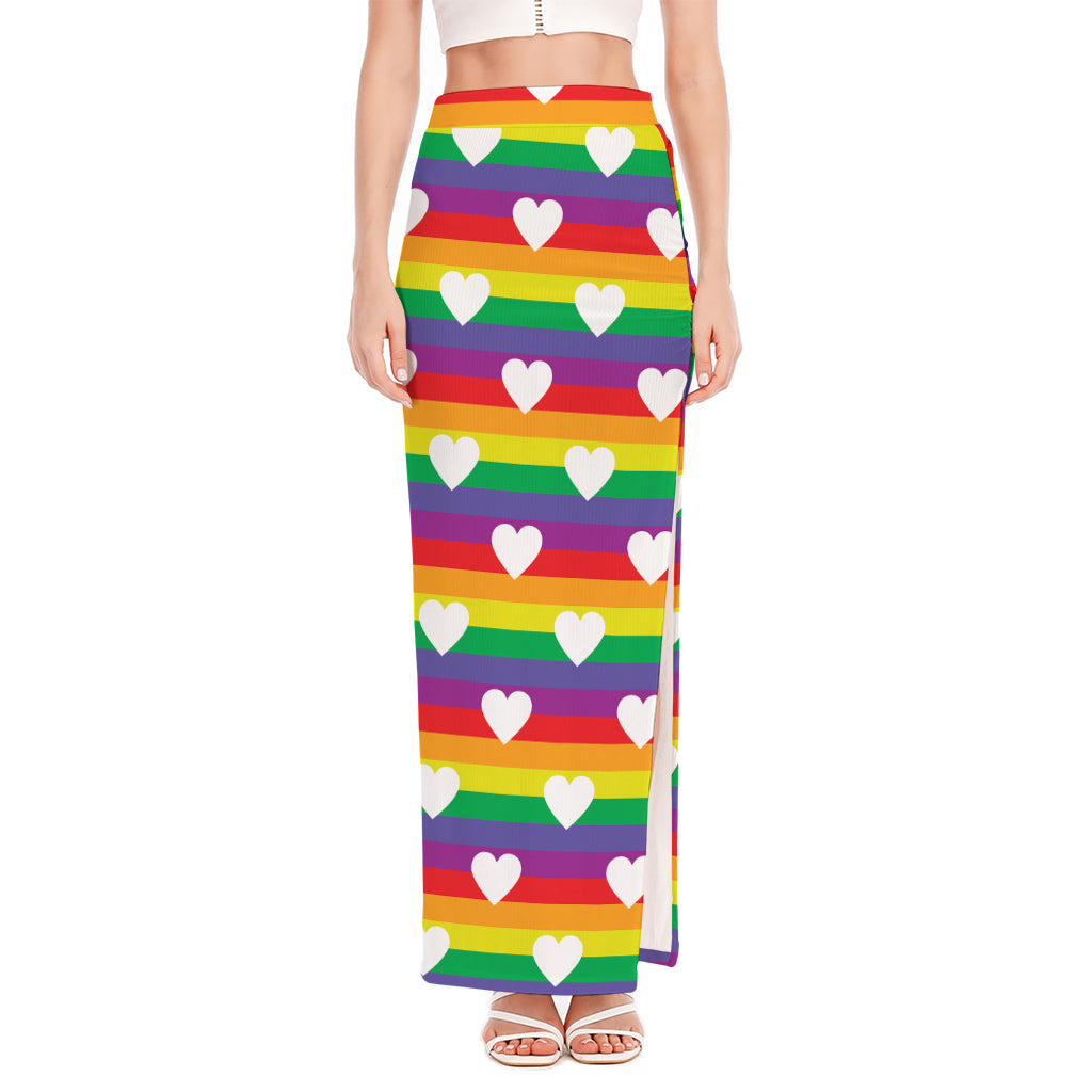 White Heart On LGBT Pride Striped Print High Slit Maxi Skirt