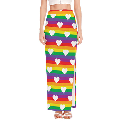 White Heart On LGBT Pride Striped Print High Slit Maxi Skirt