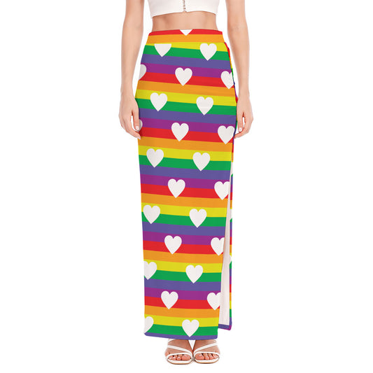 White Heart On LGBT Pride Striped Print High Slit Maxi Skirt