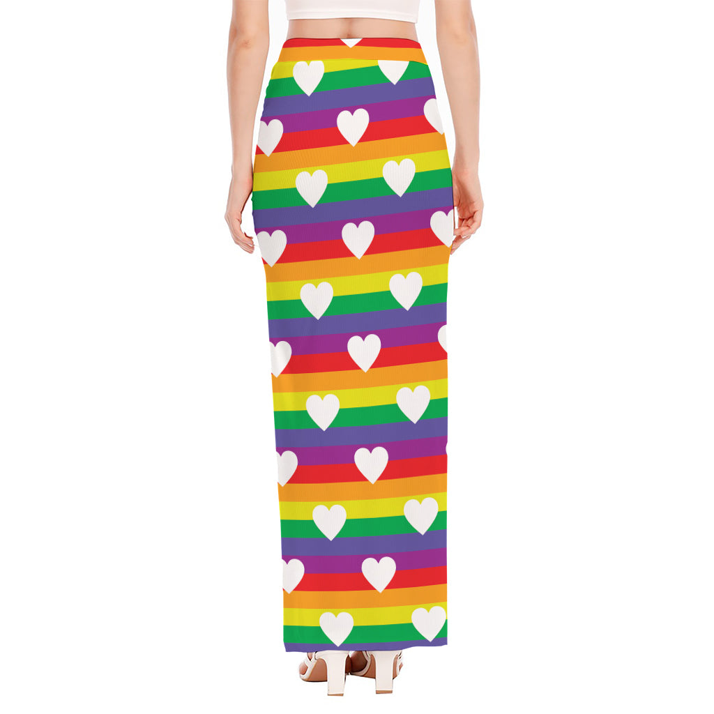 White Heart On LGBT Pride Striped Print High Slit Maxi Skirt