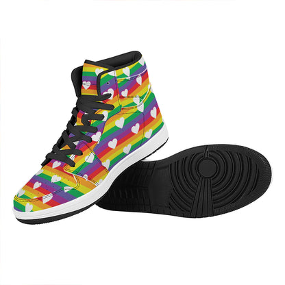 White Heart On LGBT Pride Striped Print High Top Leather Sneakers