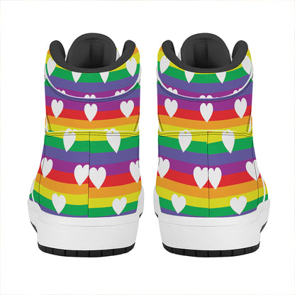 White Heart On LGBT Pride Striped Print High Top Leather Sneakers