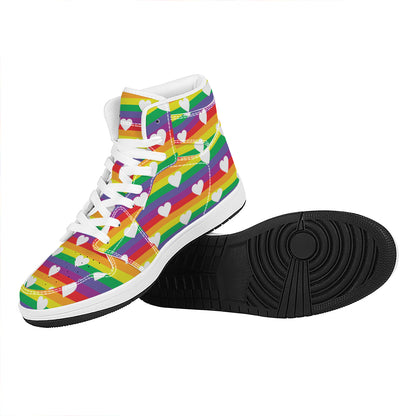 White Heart On LGBT Pride Striped Print High Top Leather Sneakers