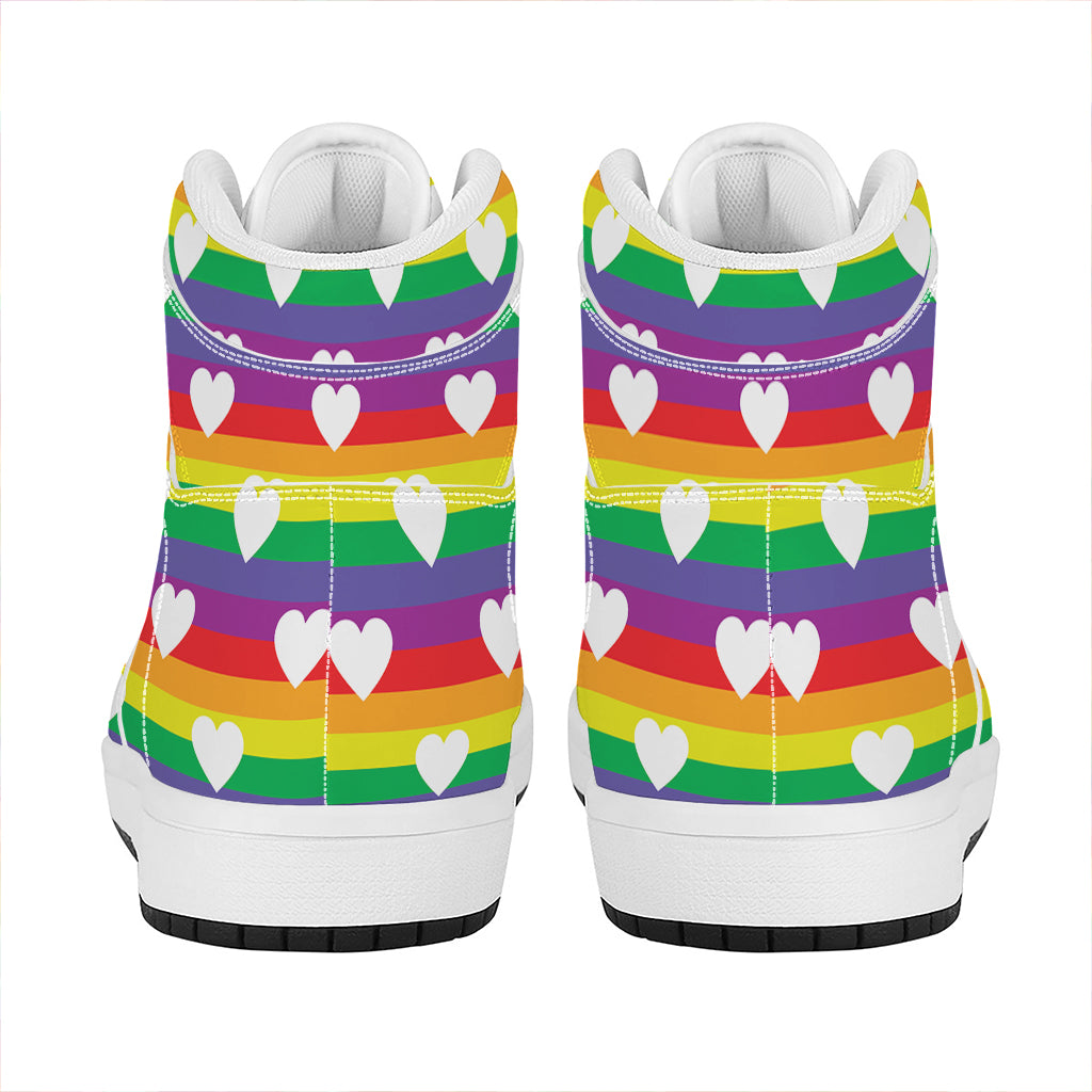 White Heart On LGBT Pride Striped Print High Top Leather Sneakers